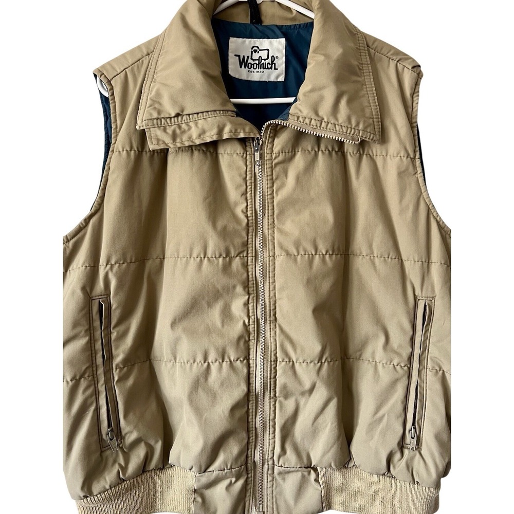 Woolrich Vintage Mens Quilted Puffer Vest Tan Beige Full Zip Size Medium Lg